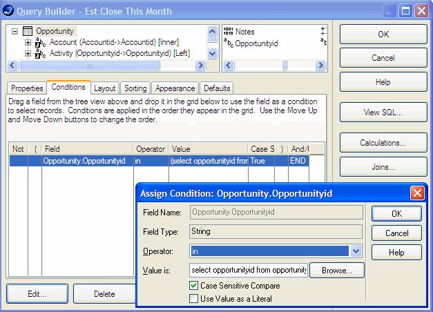 SalesLogix Query Builder Est Close this Month