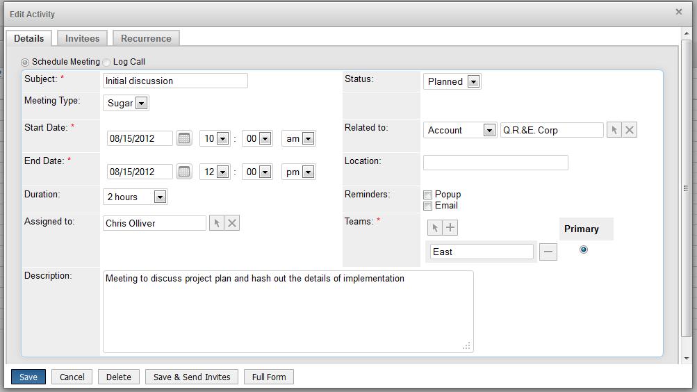SugarCRM Calendar Edit Activity