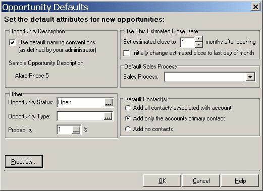 SalesLogix Opportunity Defaults