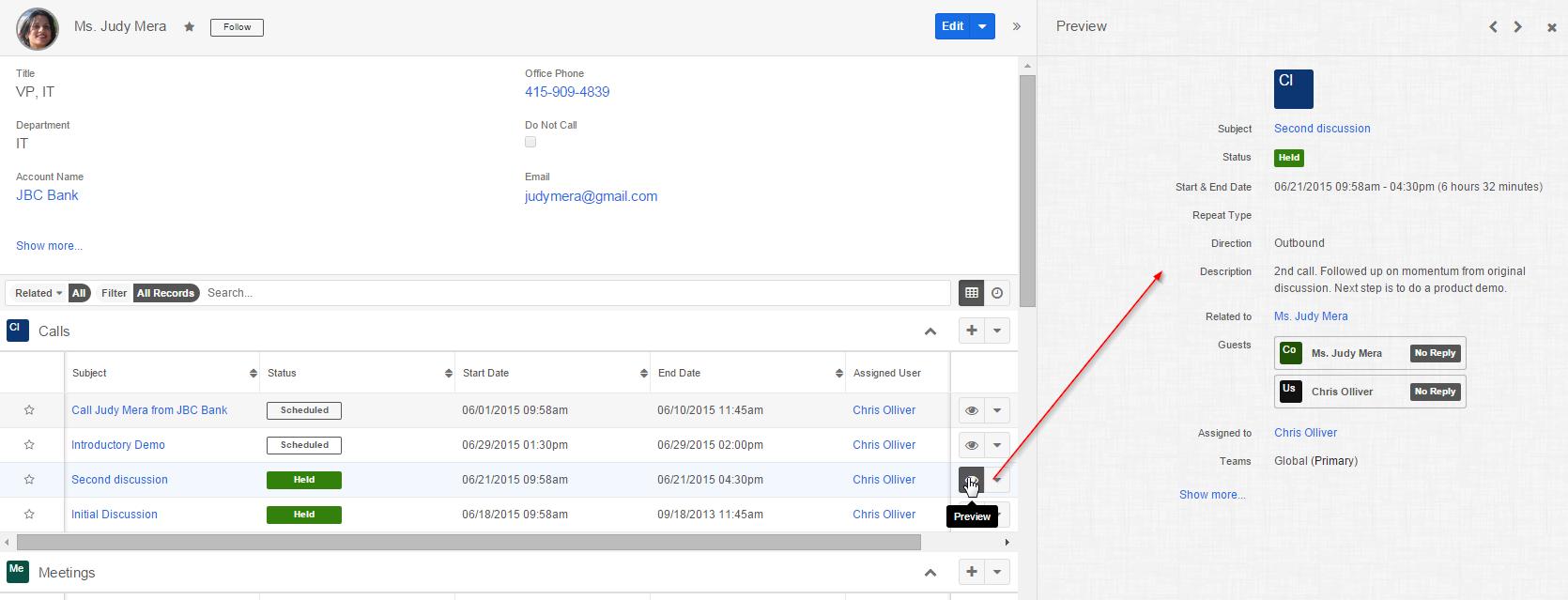 SugarCRM Calls Sidecar interface