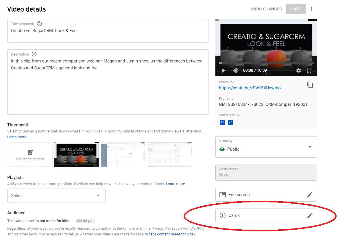 youtube cards settings example