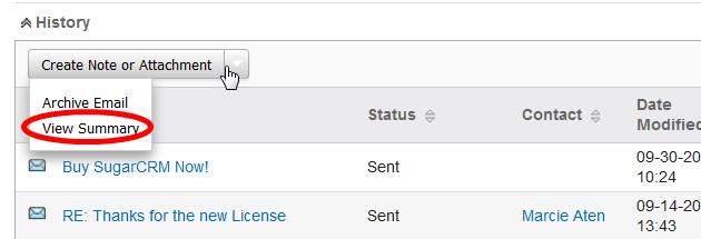 SugarCRM History Subpanel View Summary